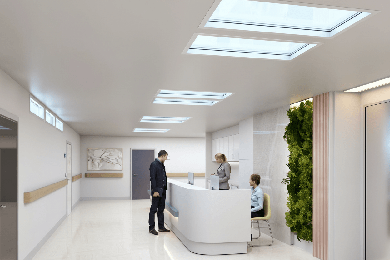 Circadian Sky skylights in healthcare reception area with living green wall