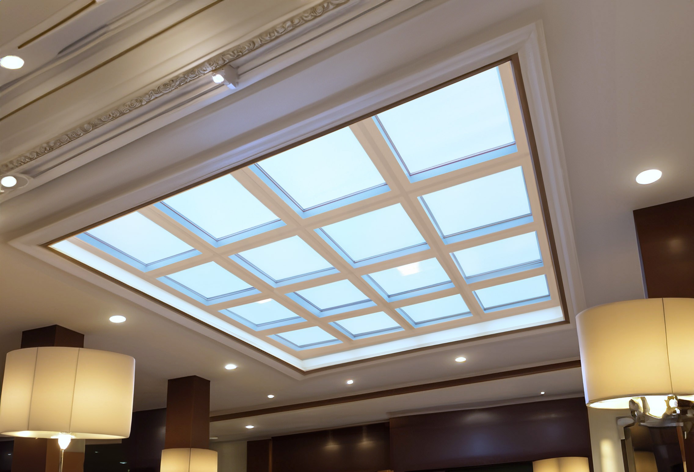 Cool blue sky color 2x2 Circadian Sky installation in a hotel lobby