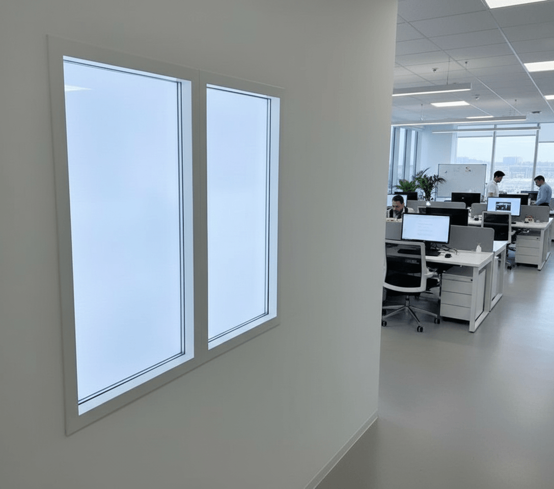 Two Circadian Sky panels mounted side-by-side on an interior office wall simulating windows in an open-plan workspace