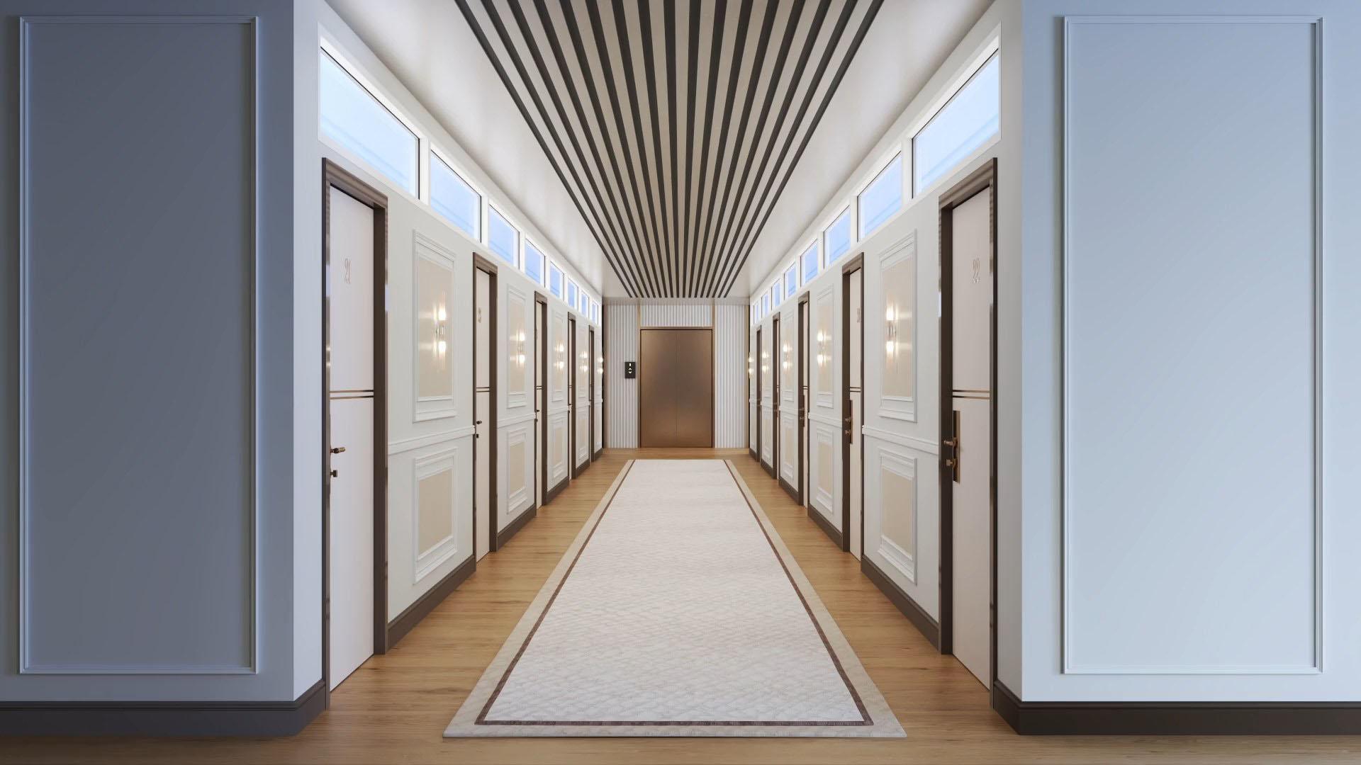 A hotel corridor with Innerscene's Circadian Sky lighting system showcasing how it enhances the indoor environment