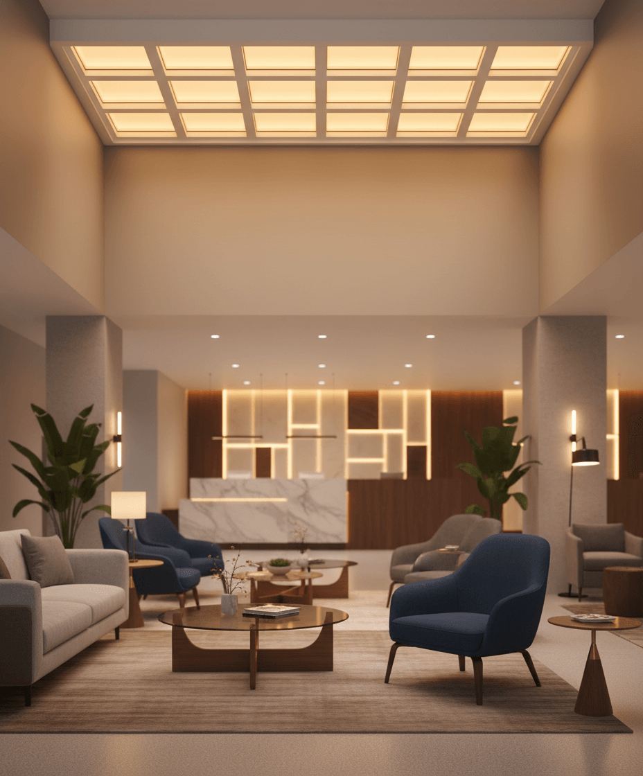 Modern luxury lobby with Circadian Sky gridded skylight ceiling featuring warm ambient lighting