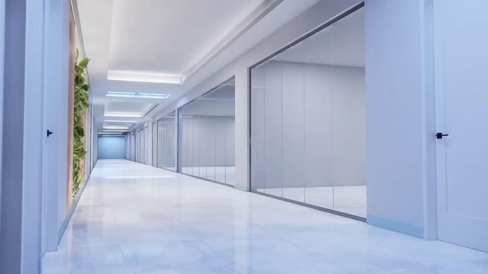 Innerscene's virtual Sun integrated in healthcare settings, illuminating hallways with energy-efficient daylighting, full-spectrum lights, and blue skies that enhance well-being