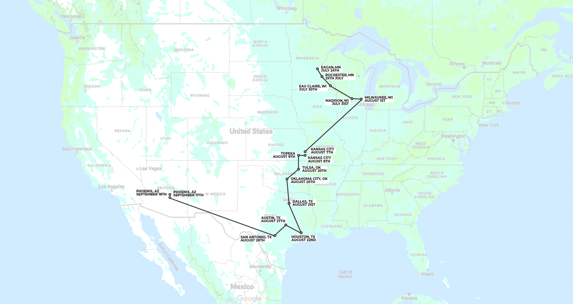 Map of US Tour Stops