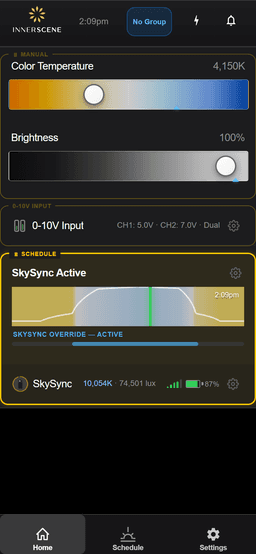 Virtual Sun mobile controller — home screen
