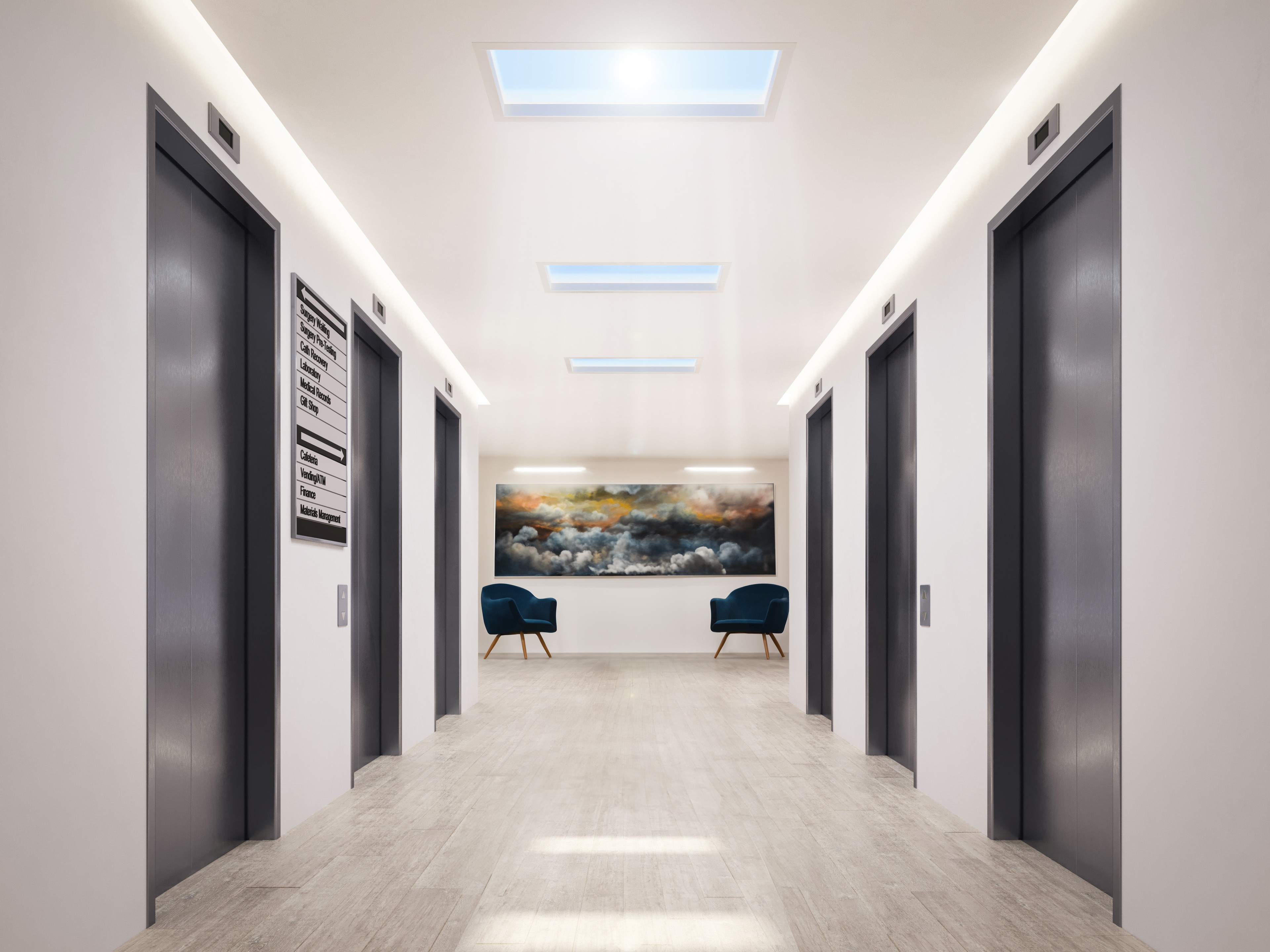 Innerscene Virtual Sun displayed in hallway of waiting room with elevators