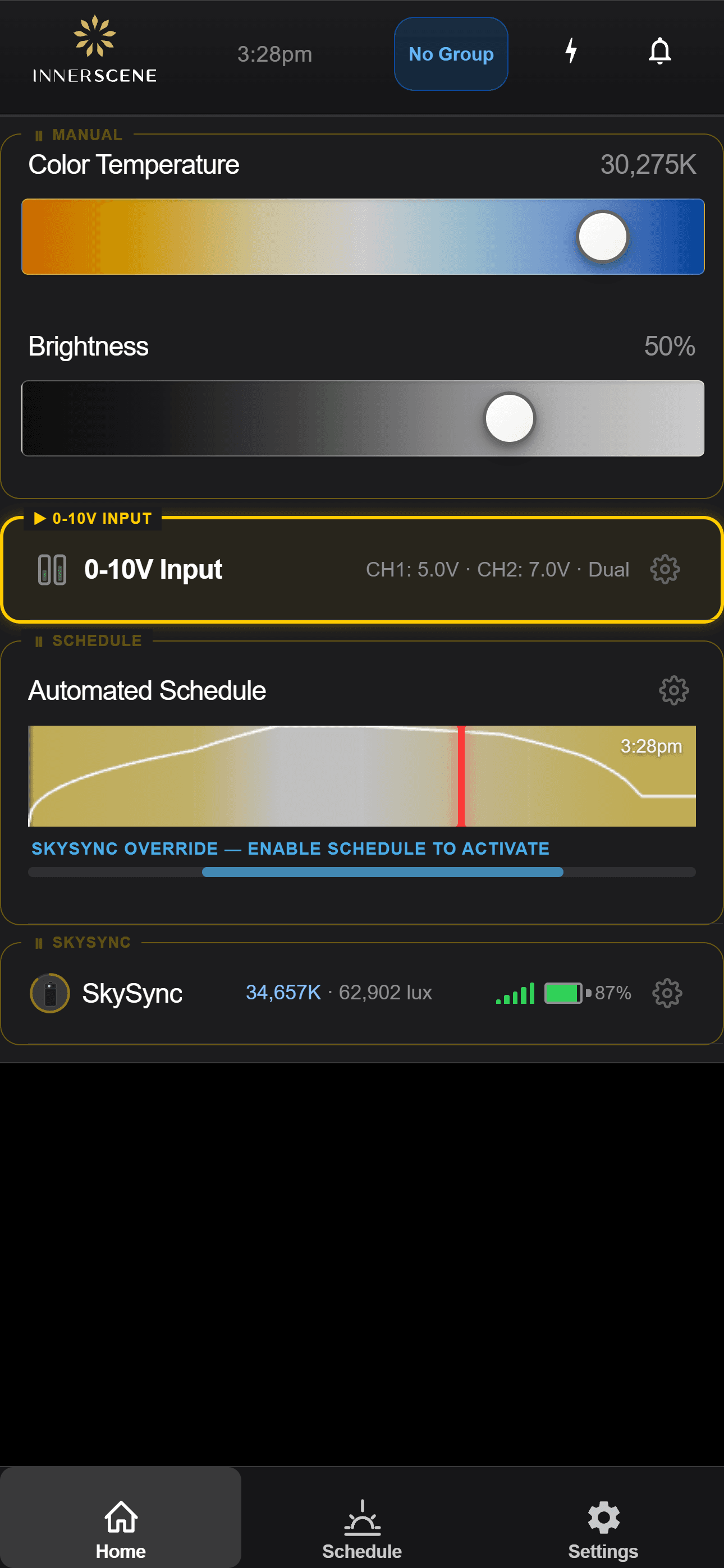 Innerscene Studio home screen with color temperature and brightness sliders, schedule preview, and SkySync status.