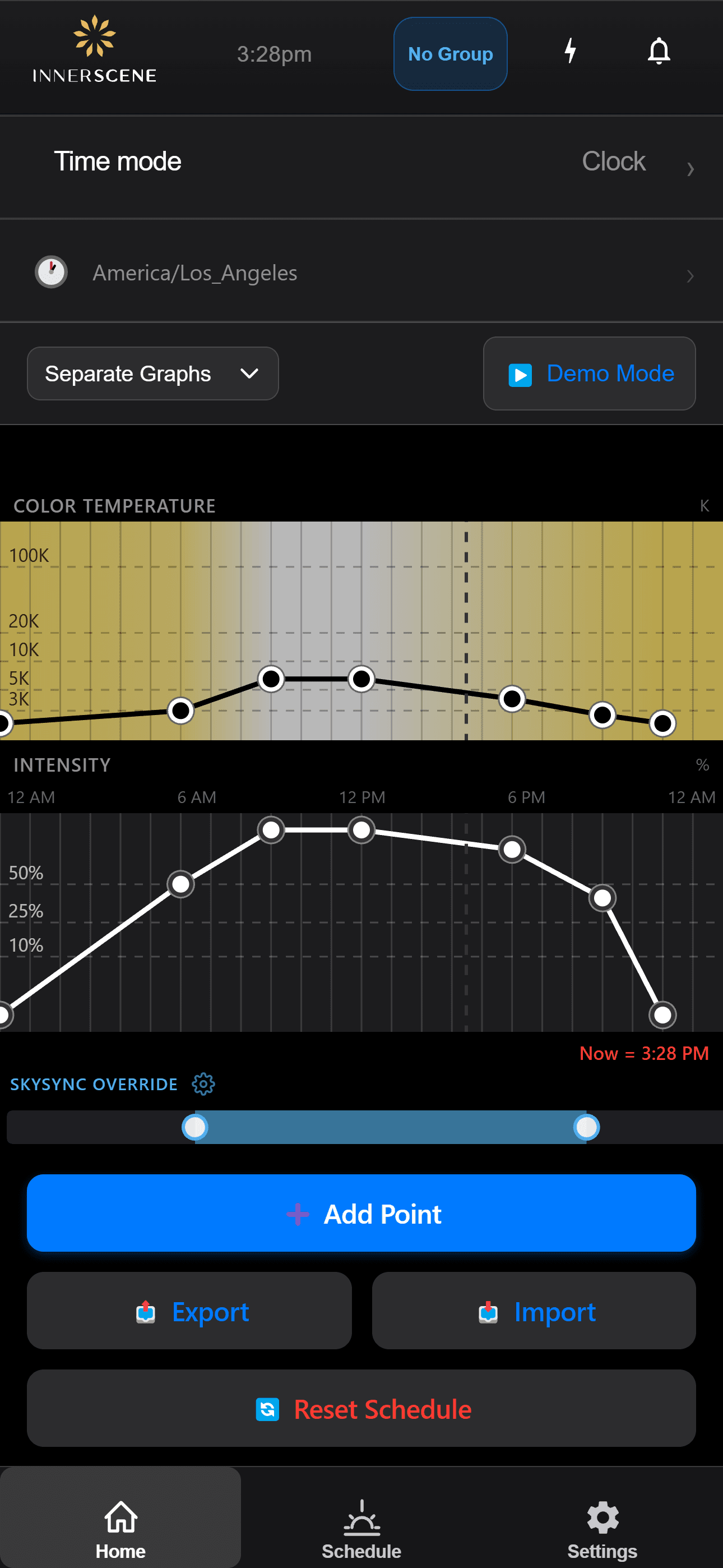 Innerscene Studio schedule editor with separate color temperature and intensity curves across the day.
