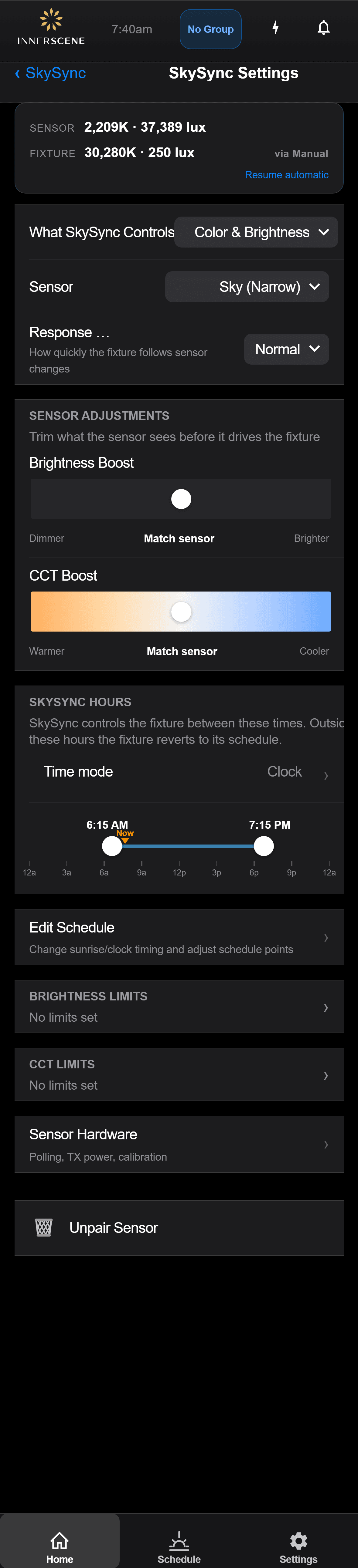 Settings screen in the Innerscene app